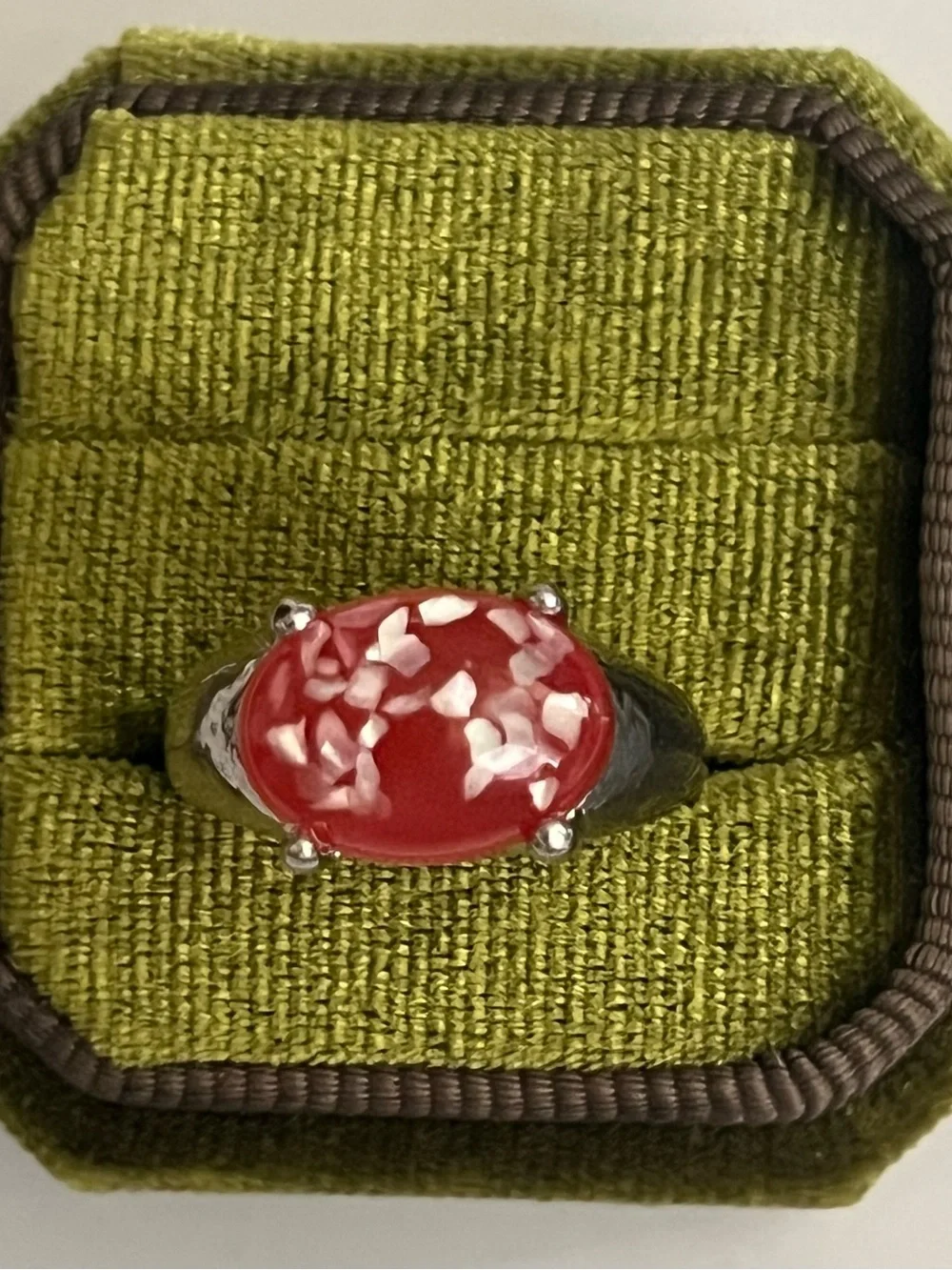 Festive Titanium Steel Silver w/ Red Stone Ring with White Inclusions Size 9